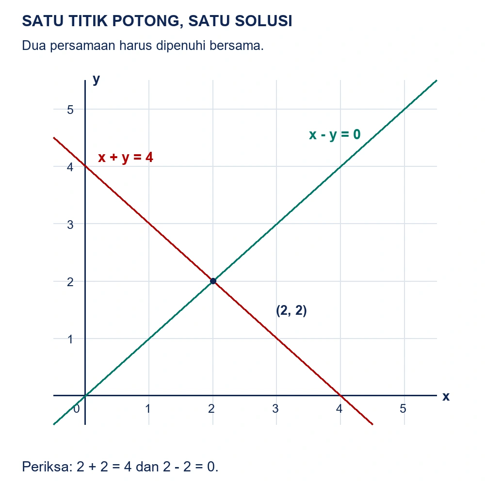 Dua garis x tambah y sama dengan empat dan x kurang y sama dengan nol berpotongan di titik dua koma dua.