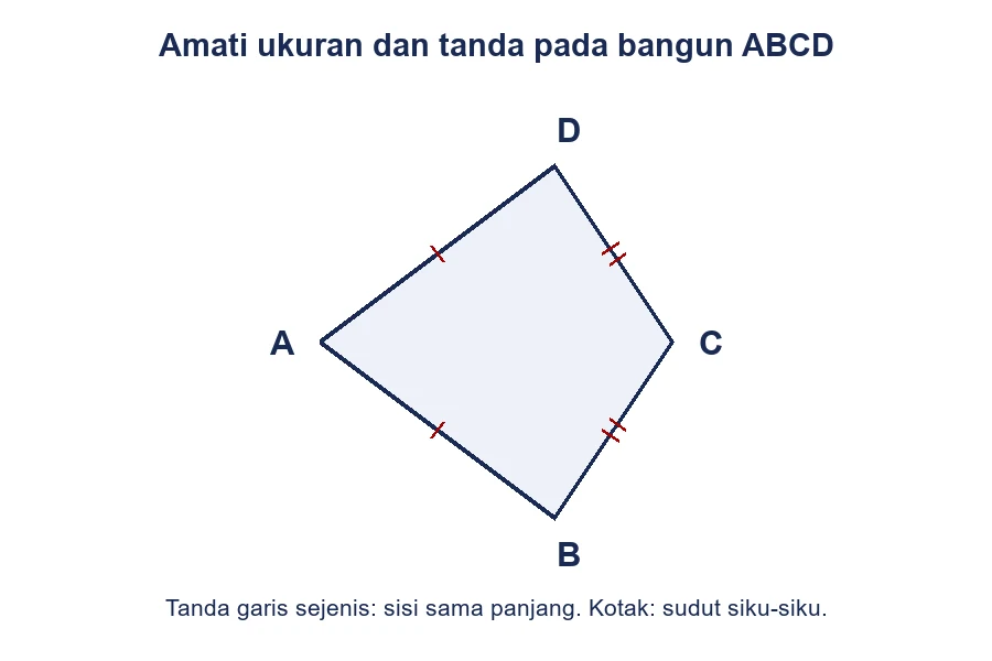 Segi empat dengan AB sama dengan AD serta BC sama dengan CD; kedua pasangan memakai tanda berbeda.