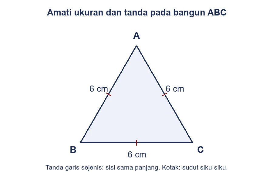Segitiga ABC dengan ketiga sisi diberi ukuran 6 cm.