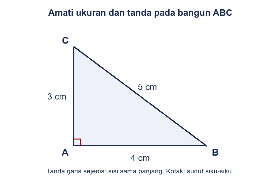 Segitiga dengan sisi 3 cm, 4 cm, dan 5 cm serta tanda siku-siku di A.