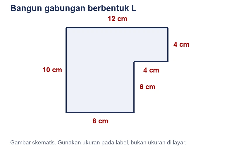 Bangun berbentuk L dengan sisi luar 12, 4, 4, 6, 8, dan 10 cm.