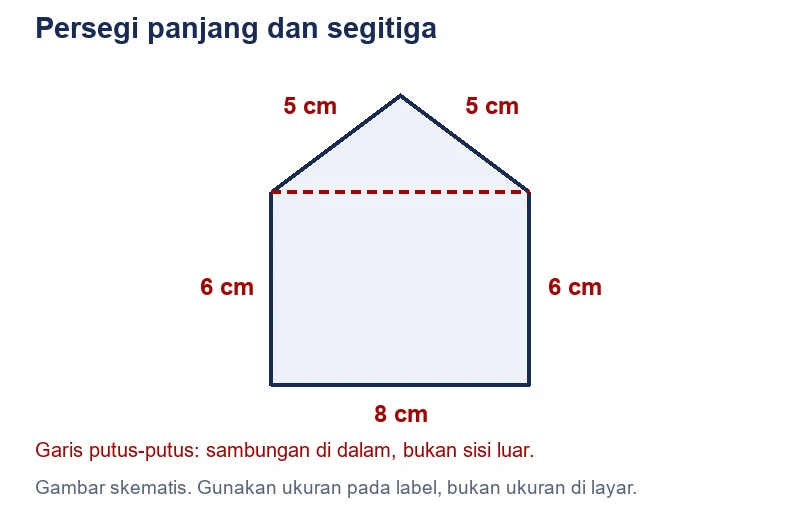 Bangun seperti rumah: dinding persegi panjang 8 cm kali 6 cm dan atap segitiga sama kaki dengan dua sisi 5 cm. Alas atap 8 cm menjadi sambungan.