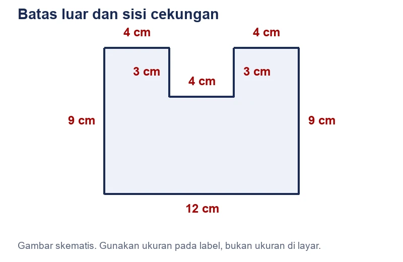 Bangun berbentuk U dengan lebar luar 12 cm, tinggi 9 cm, dan cekungan atas sedalam 3 cm. Ketiga bagian mendatar di atas masing-masing 4 cm.
