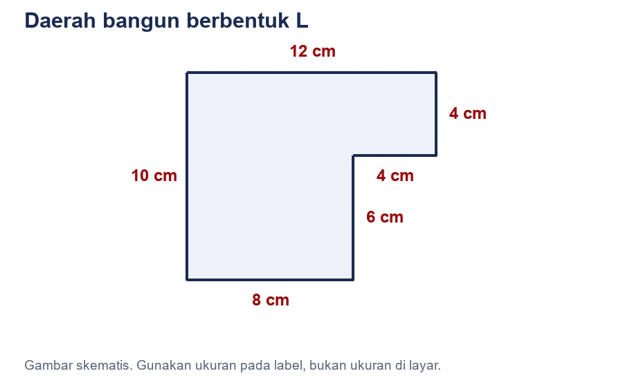 Bangun L dengan persegi panjang luar berukuran 12 cm kali 10 cm. Bagian sudut yang kosong berukuran 4 cm kali 6 cm.