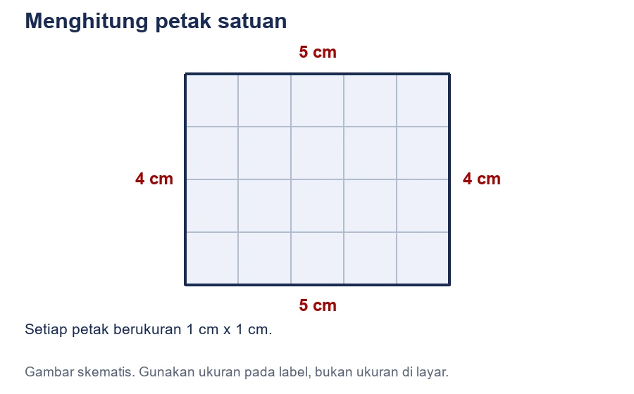 Daerah persegi panjang tersusun dari 5 kolom dan 4 baris petak. Setiap petak berukuran 1 cm kali 1 cm.