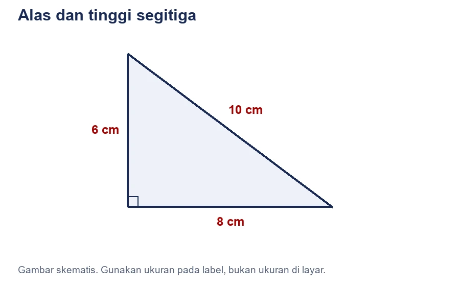 Segitiga siku-siku dengan alas 8 cm, tinggi 6 cm, dan sisi miring 10 cm.