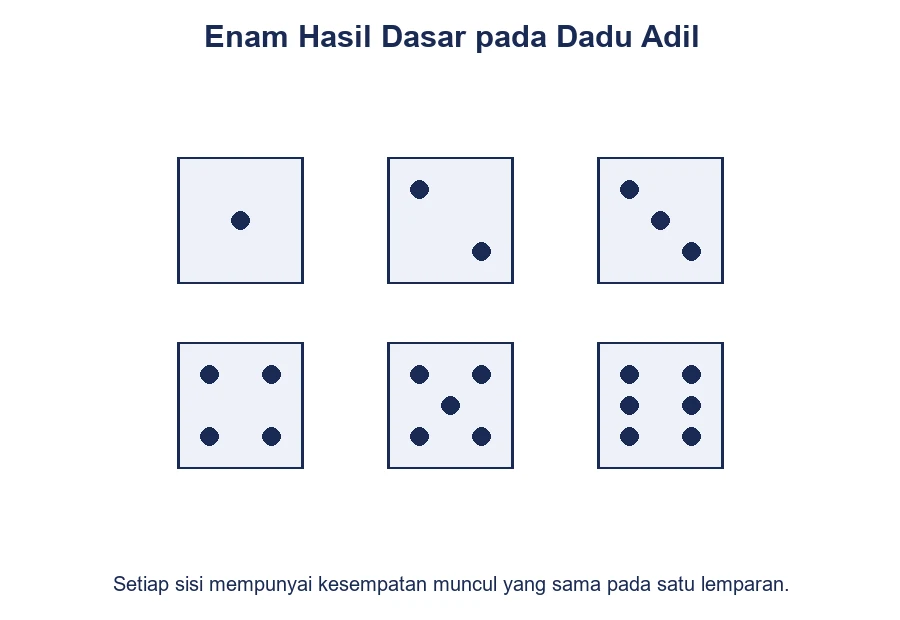 Enam hasil dasar pada dadu adil, yaitu angka 1 sampai 6.