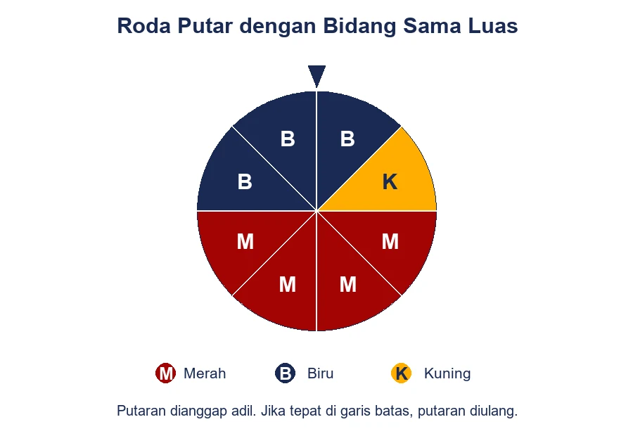 Roda putar dengan delapan bidang sama luas: empat merah, tiga biru, dan satu kuning.
